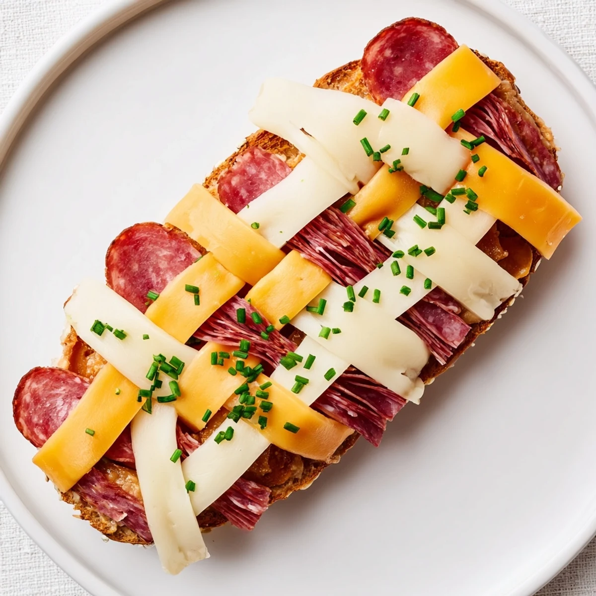 Freshly assembled The Lattice Window: pretzel lattice with meats, cheeses, and chives, perfect for sharing.