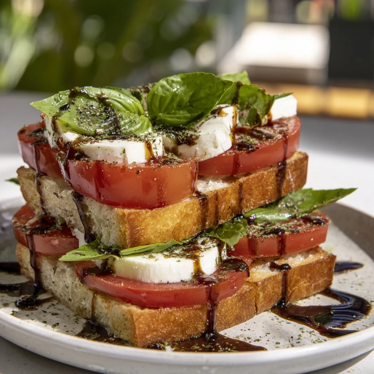 Sliced tomatoes, fresh basil, and mozzarella stacked for a Tuscan Pillar appetizer.