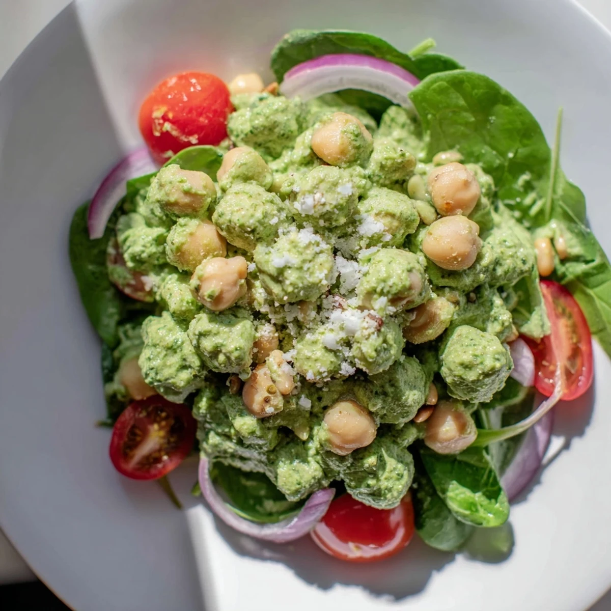 Vibrant Pesto Chickpea and Spinach Salad featuring bright cherry tomatoes and creamy chickpeas, ready to enjoy.
