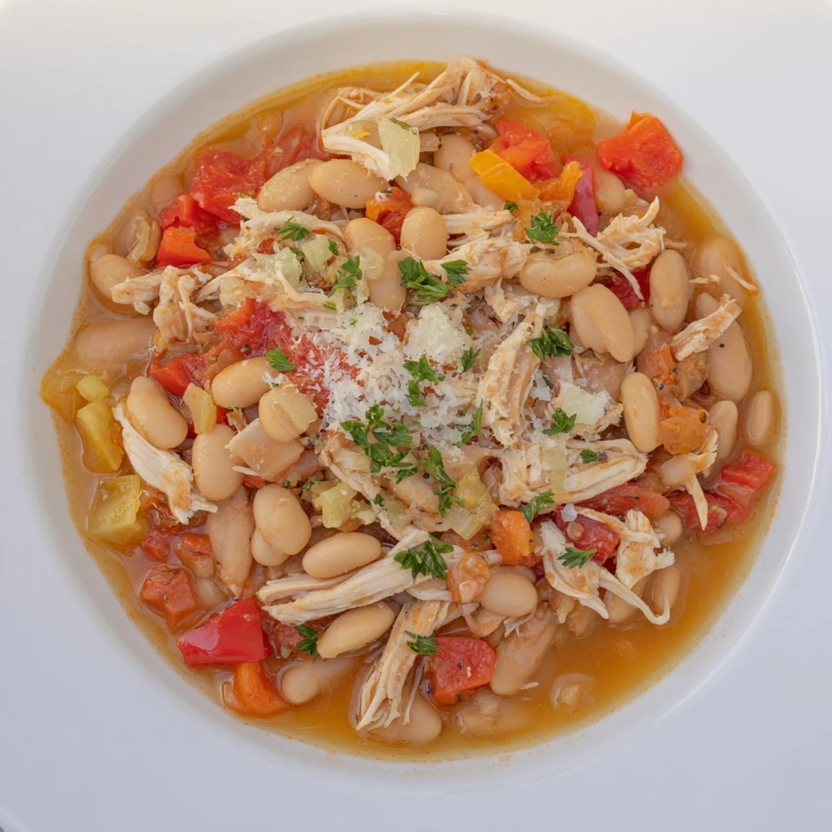 Creamy White Bean and Roasted Red Pepper Chicken stew served hot, garnished with fresh parsley.