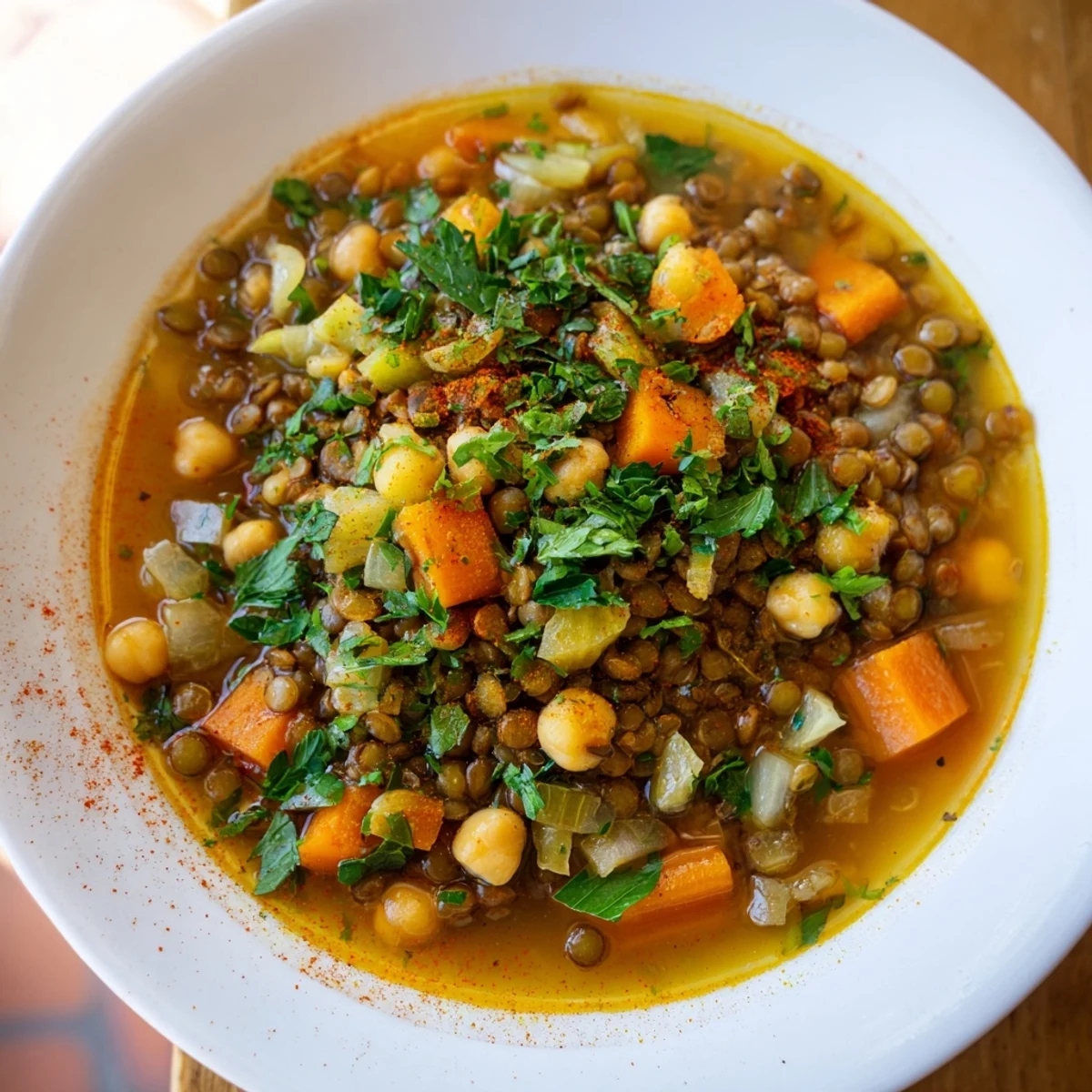 Steaming bowl of Middle Eastern lentil and chickpea stew, garnished with fresh parsley and lemon wedges.