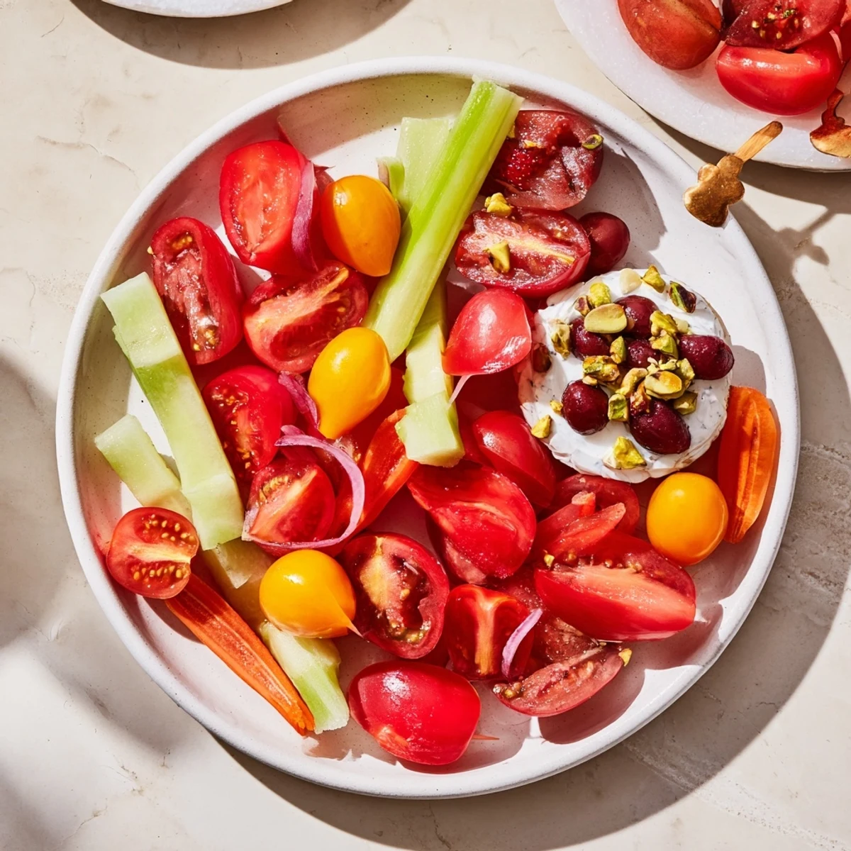 Vibrant Hanging Gardens appetizer with colorful fresh veggies, feta, and creamy dips for dipping.