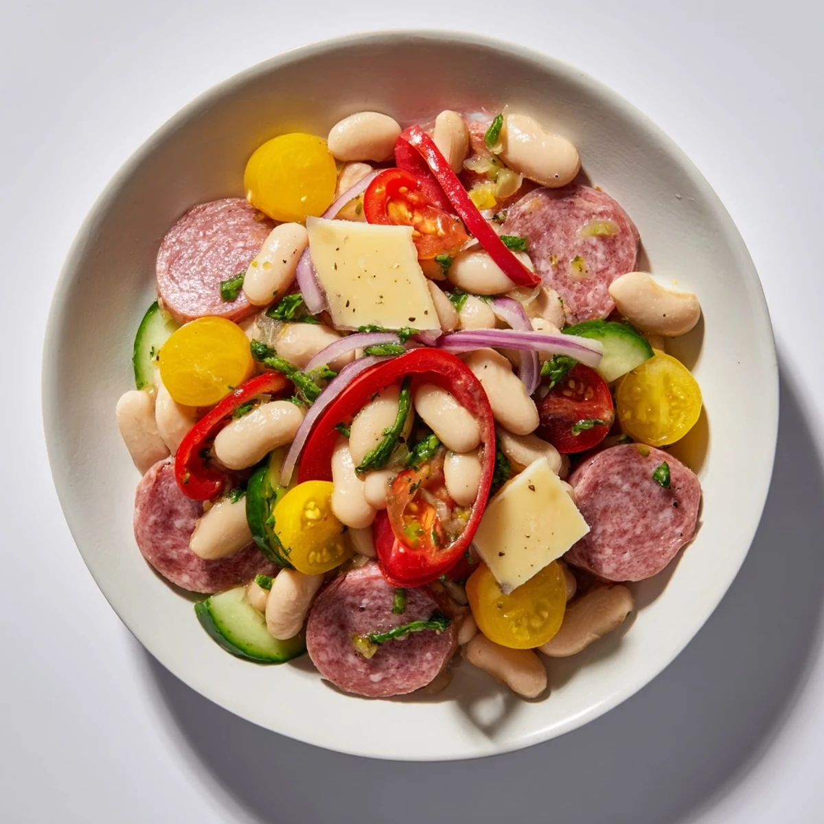 Italian Antipasto Bean Salad, bursting with fresh vegetables and creamy cannellini beans, ready to serve.