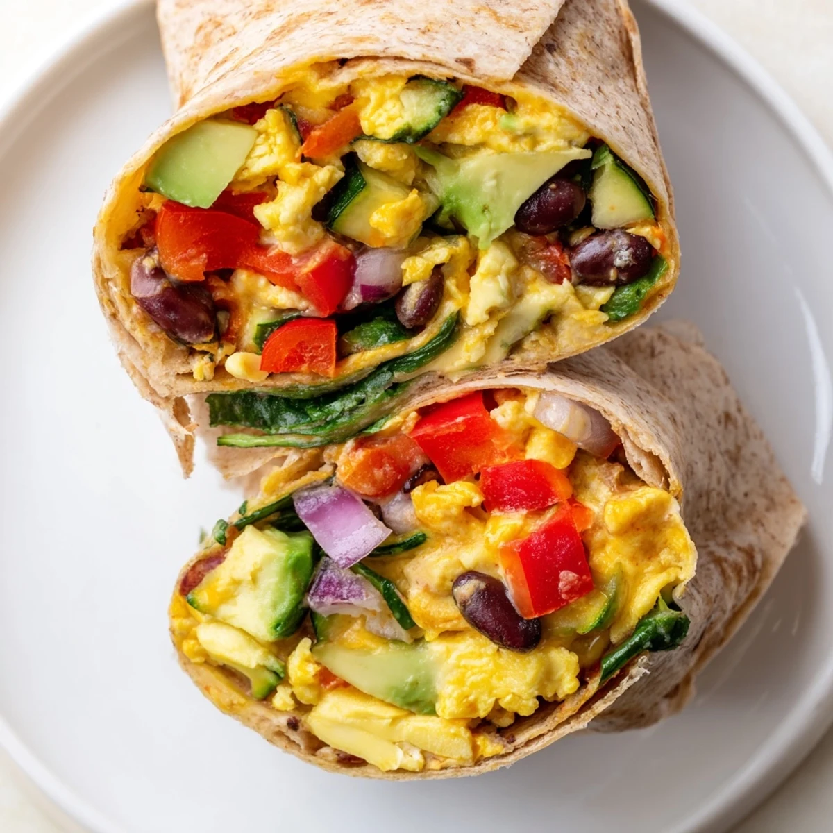A delicious Veggie-Loaded Breakfast Burrito, filled with colorful vegetables, ready to eat and enjoy.