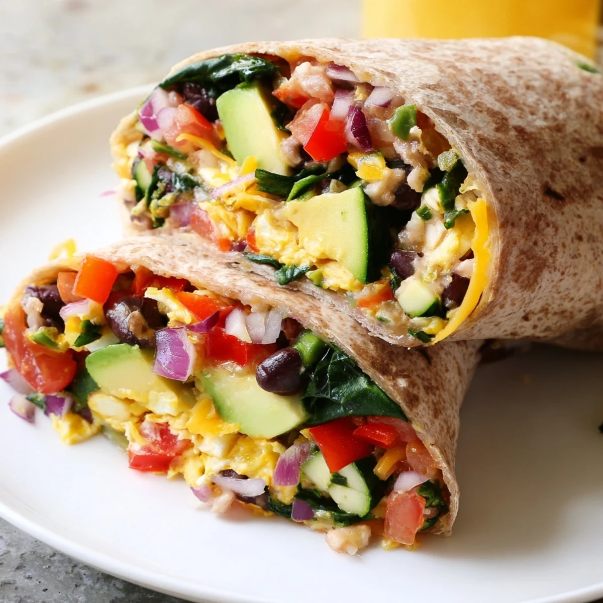 See a close-up of a warm, filling Veggie-Loaded Breakfast Burrito, perfect comfort food breakfast or brunch.