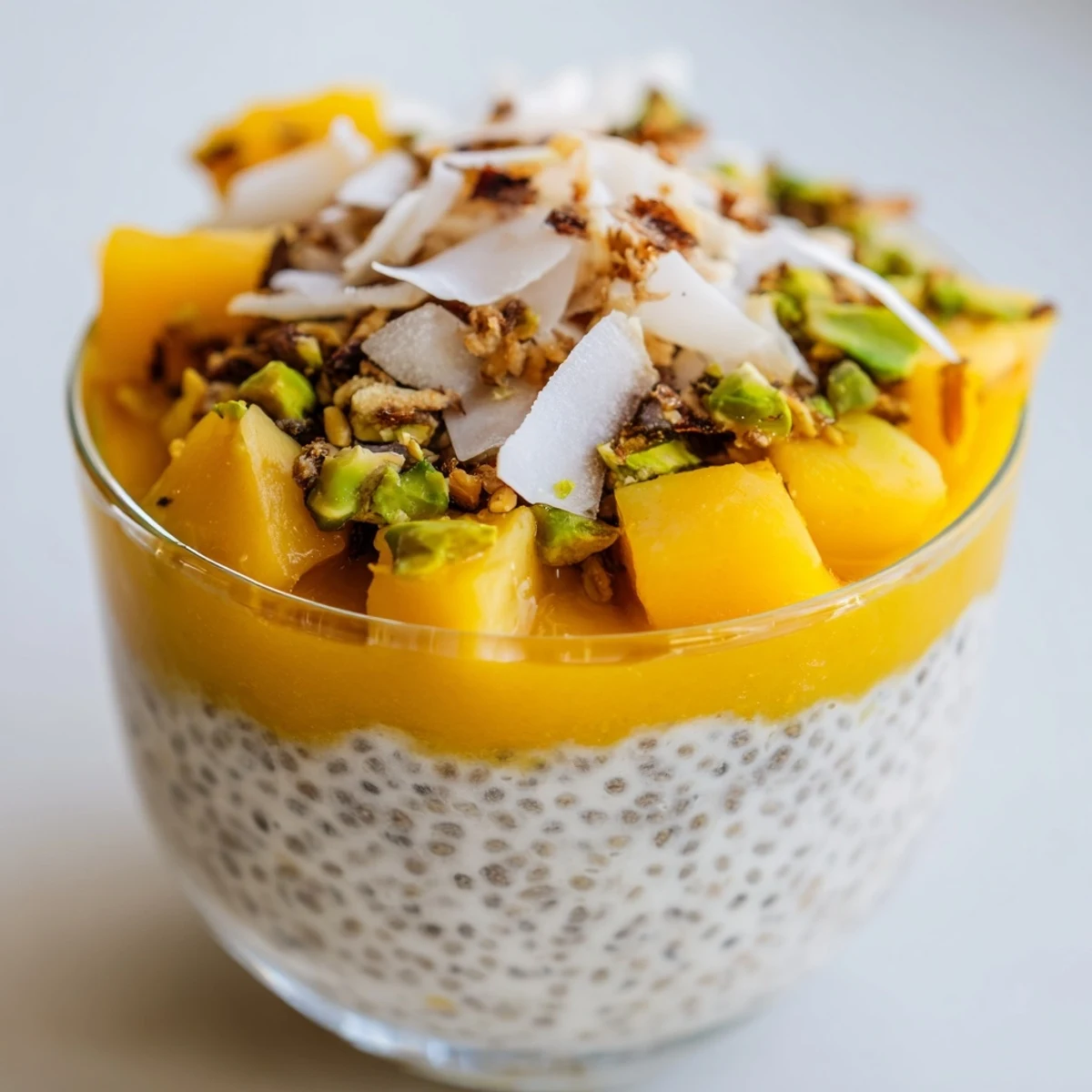 Creamy Mango Coconut Chia Pudding layered with fresh mango, ready to eat with crunchy toppings.