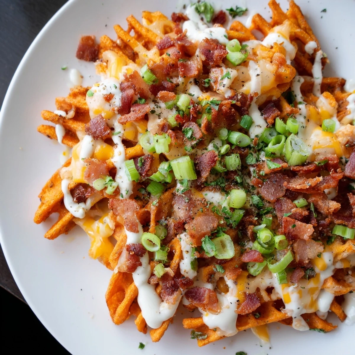 Loaded Sweet Potato Fries piled high with melted cheddar, bacon, and ranch, a perfect appetizer.