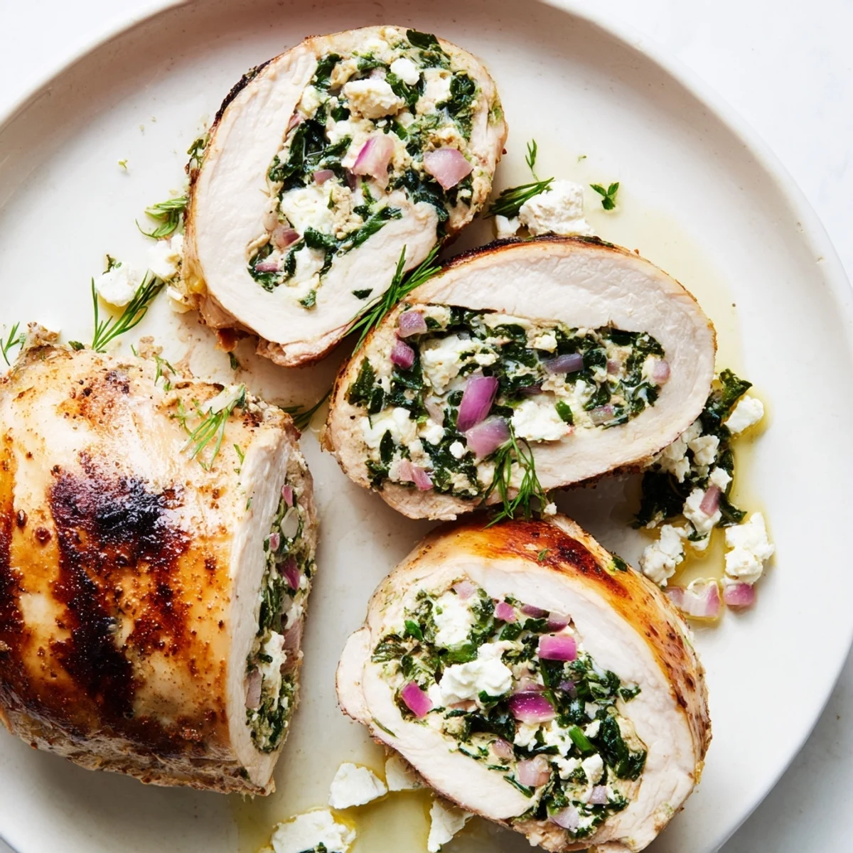 Savory spinach feta stuffed chicken roll-ups, beautifully seared and then oven-baked.