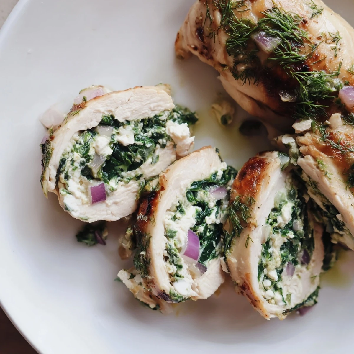Golden-brown, rolled spinach feta stuffed chicken, ready to be sliced and enjoyed.