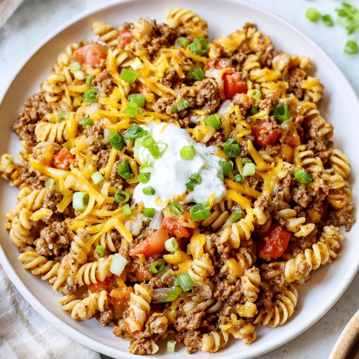 A steaming bowl of One-Pot Taco Pasta, with melted cheese and beef, a comforting family meal.