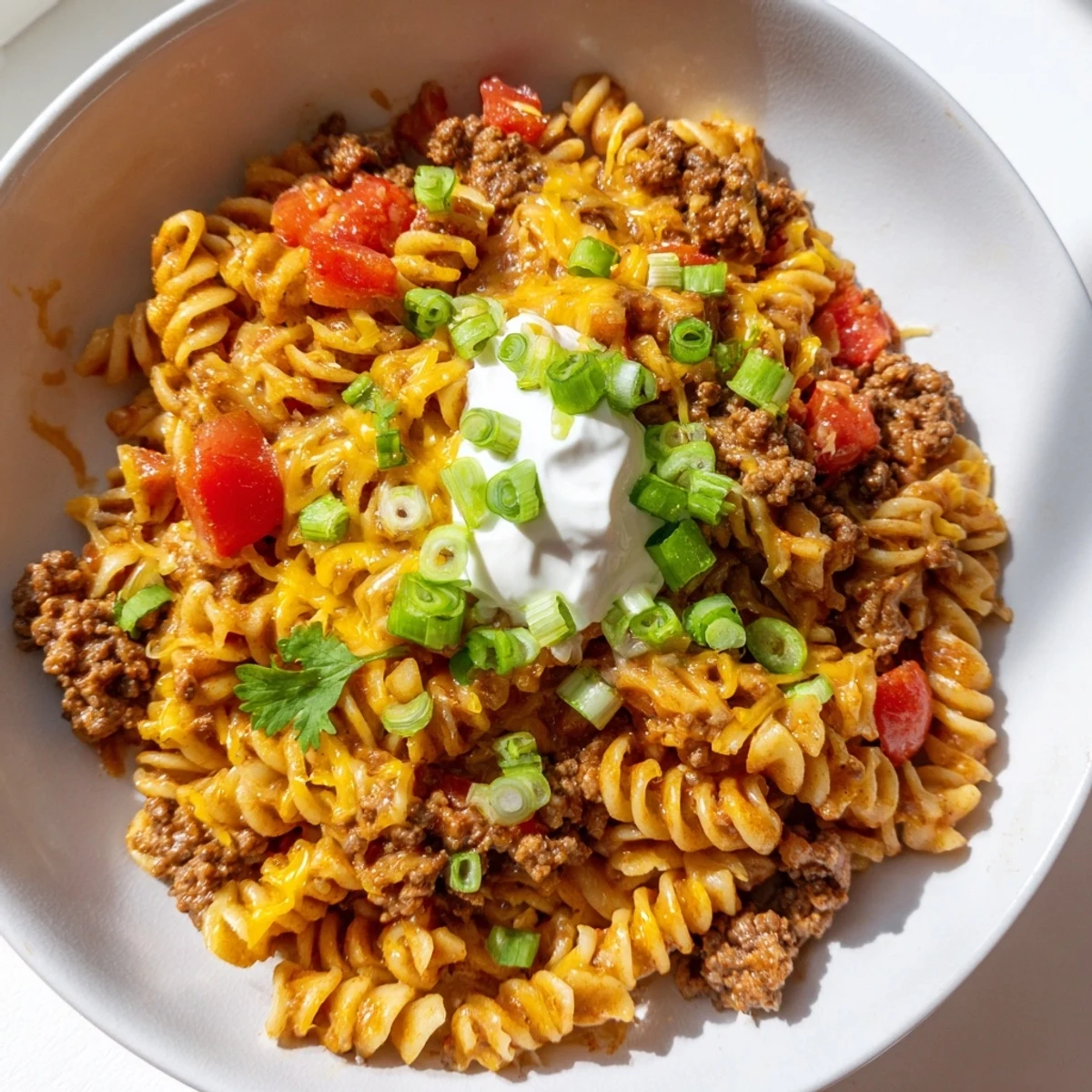 Imagine a vibrant bowl of One-Pot Taco Pasta, with toppings and fresh cilantro, so delicious.