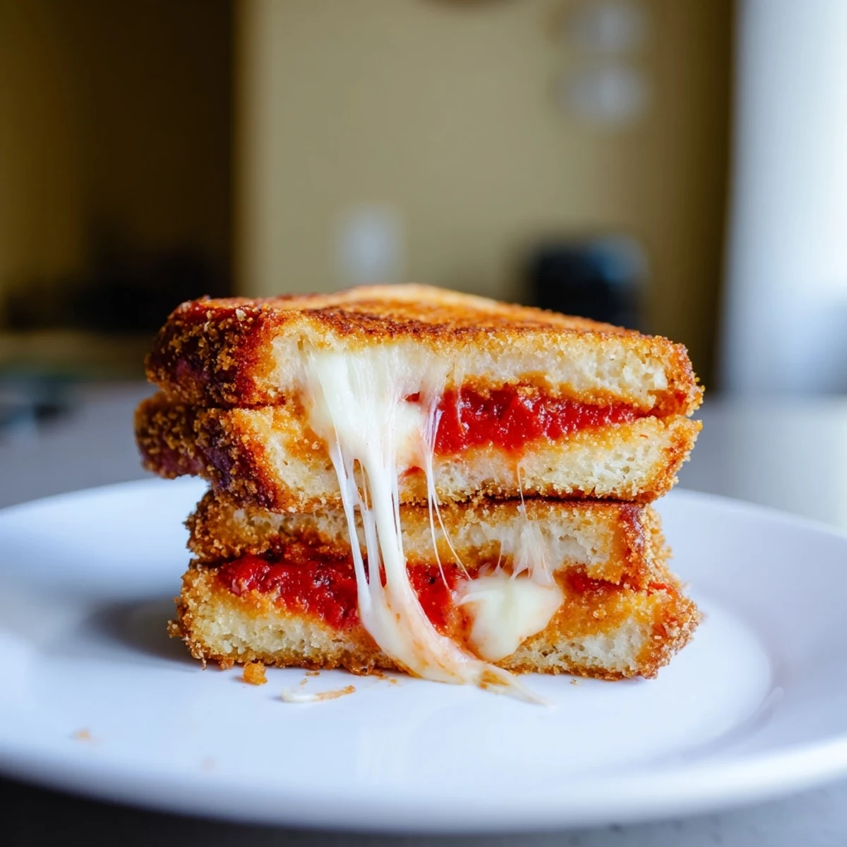 Melted mozzarella oozing from a Mozzarella Stick Grilled Cheese, golden-brown and ready to eat.