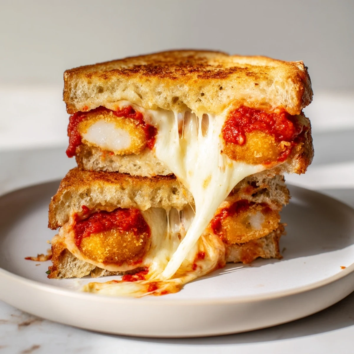 Crispy bread surrounds a gooey Mozzarella Stick Grilled Cheese, served with a side of marinara for dipping.