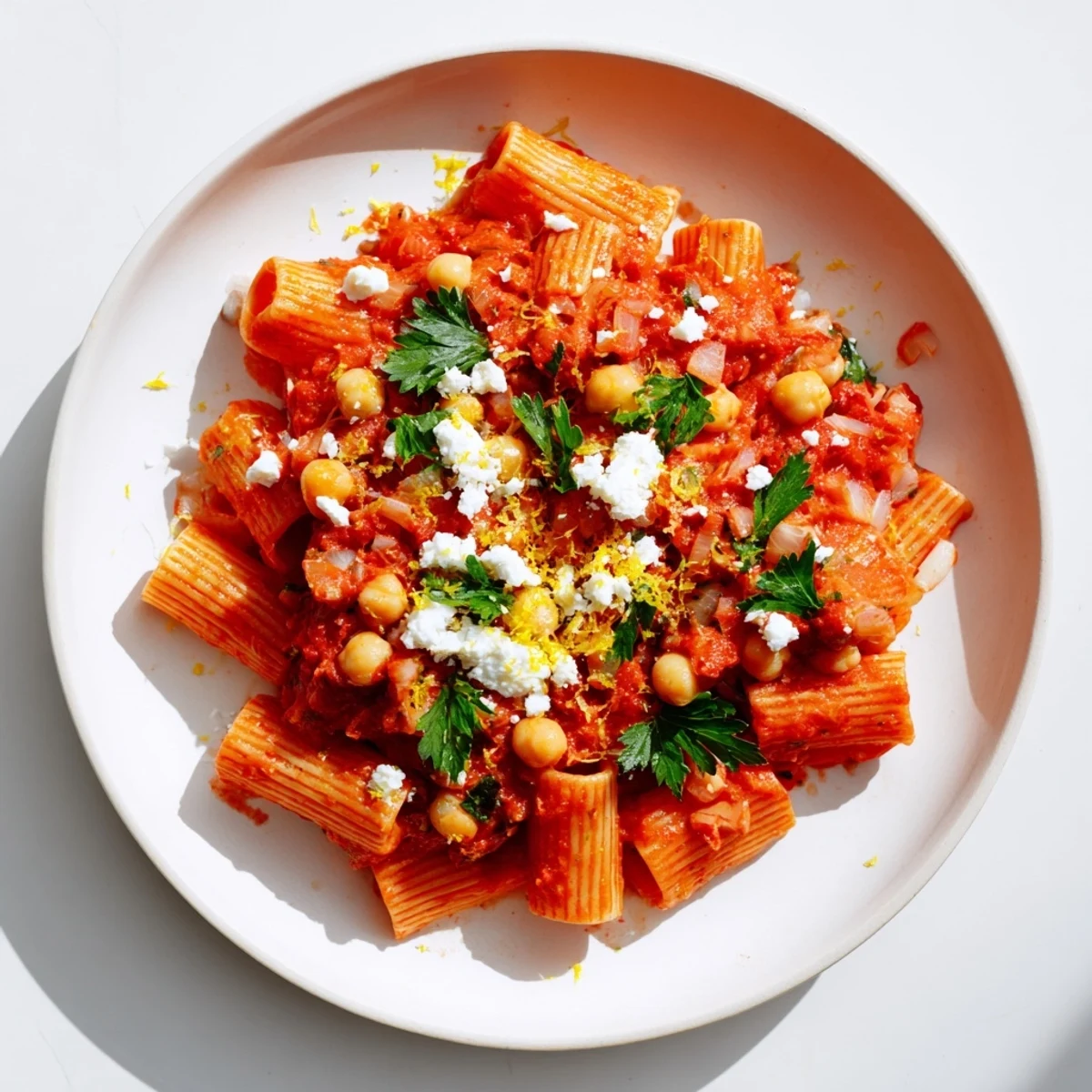 Savory Harissa Chickpea Pasta showcasing penne coated in a rich, flavorful, and vibrant sauce.