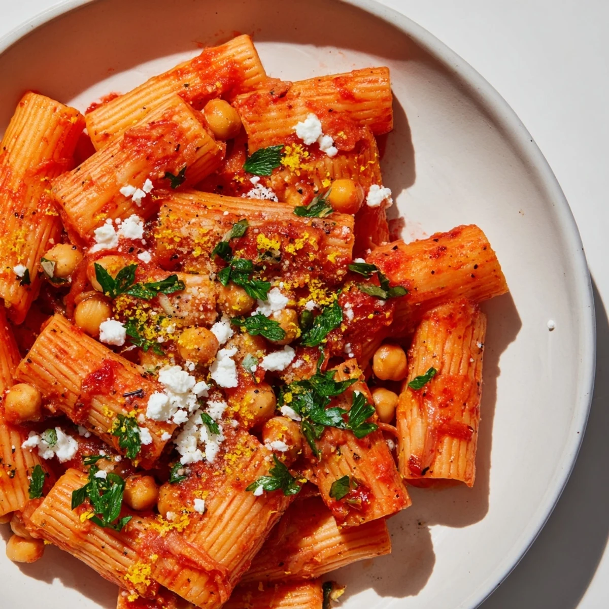 Close-up of Harissa Chickpea Pasta, a comforting and aromatic Mediterranean meal with feta.