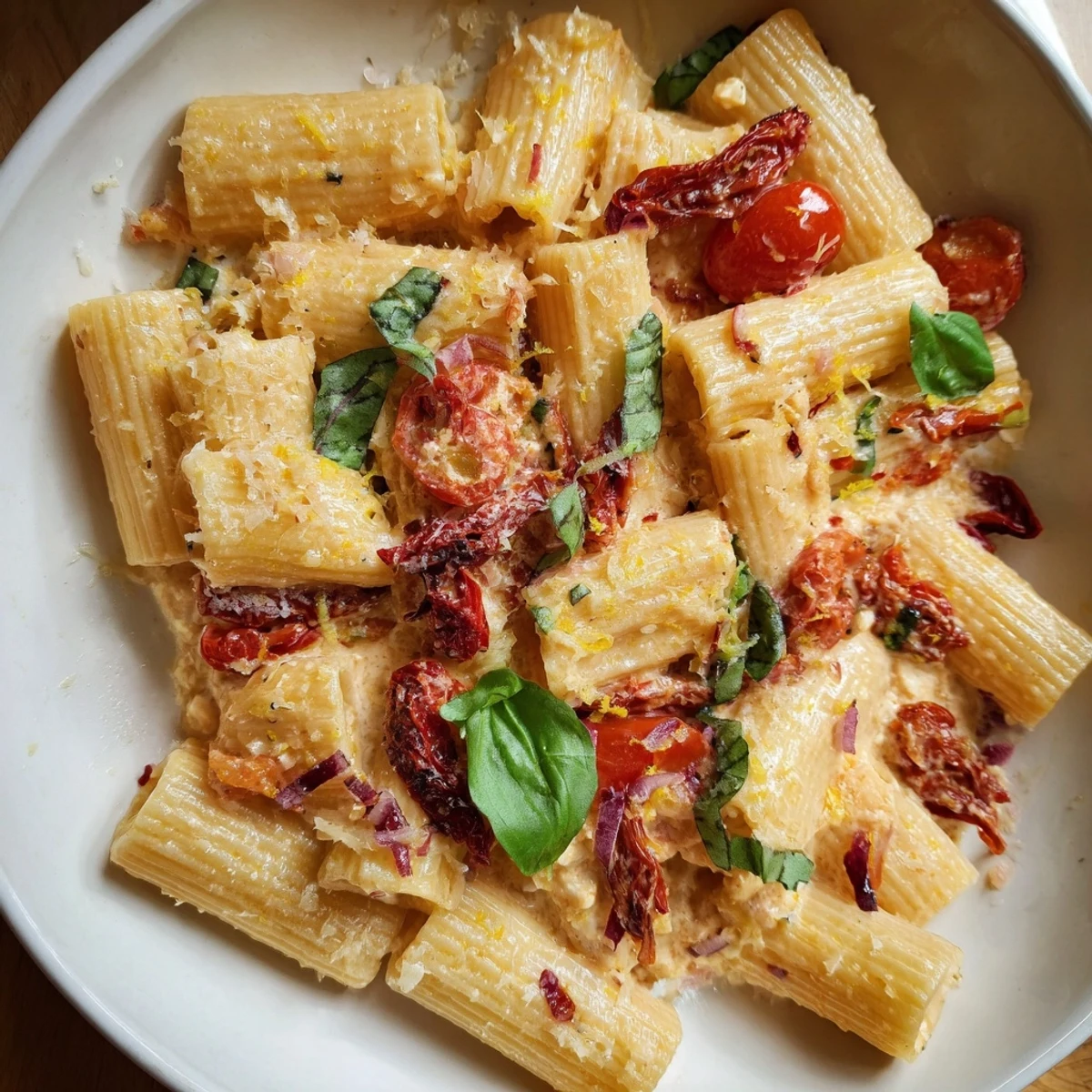 Fragrant herbs mingle with soft feta and sun-dried tomatoes in this baked feta pasta.