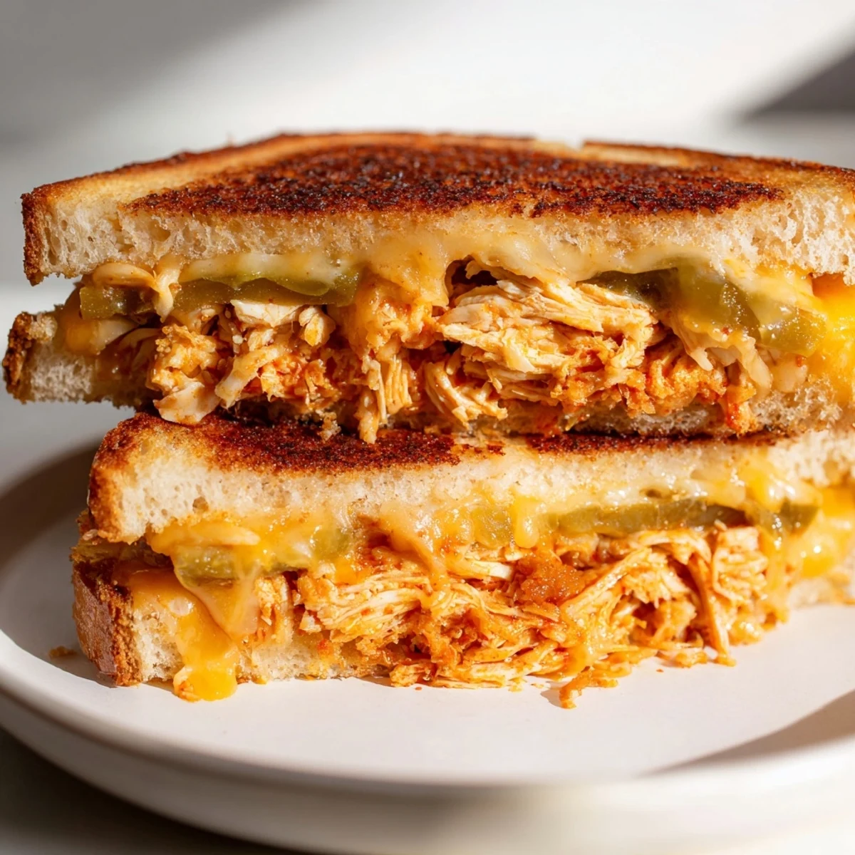 Golden-brown Spicy Crispy Chicken Sandwich Grilled Cheese oozes with melted cheese, ready to be enjoyed.