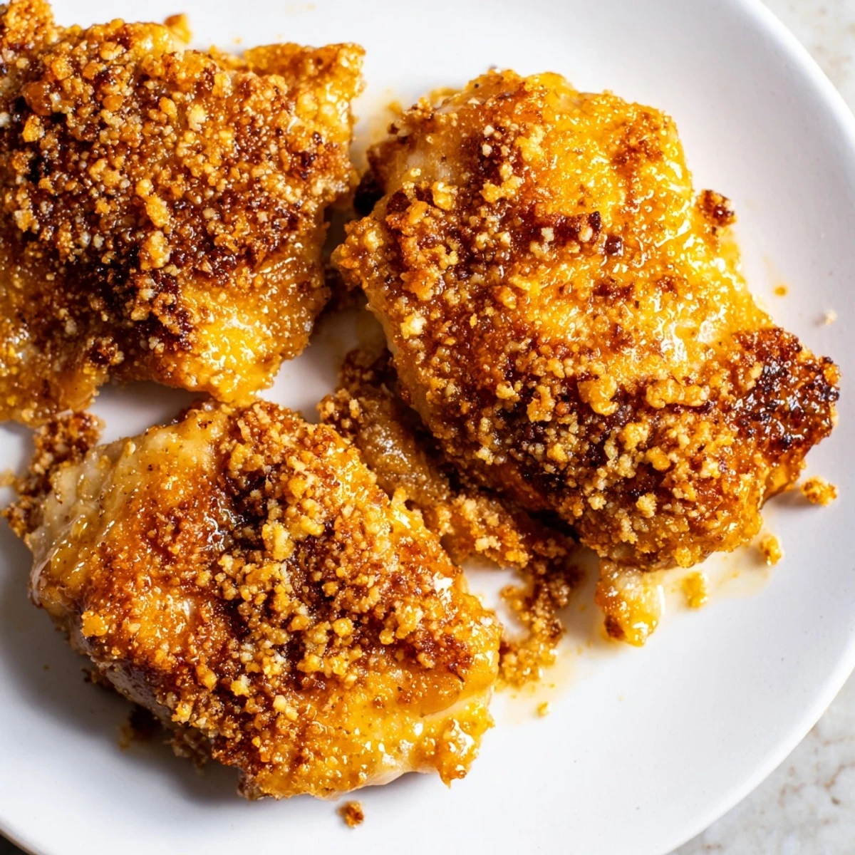 Close-up of crispy, golden-brown Hot Honey Crispy Chicken Thighs offering a satisfying crunch.