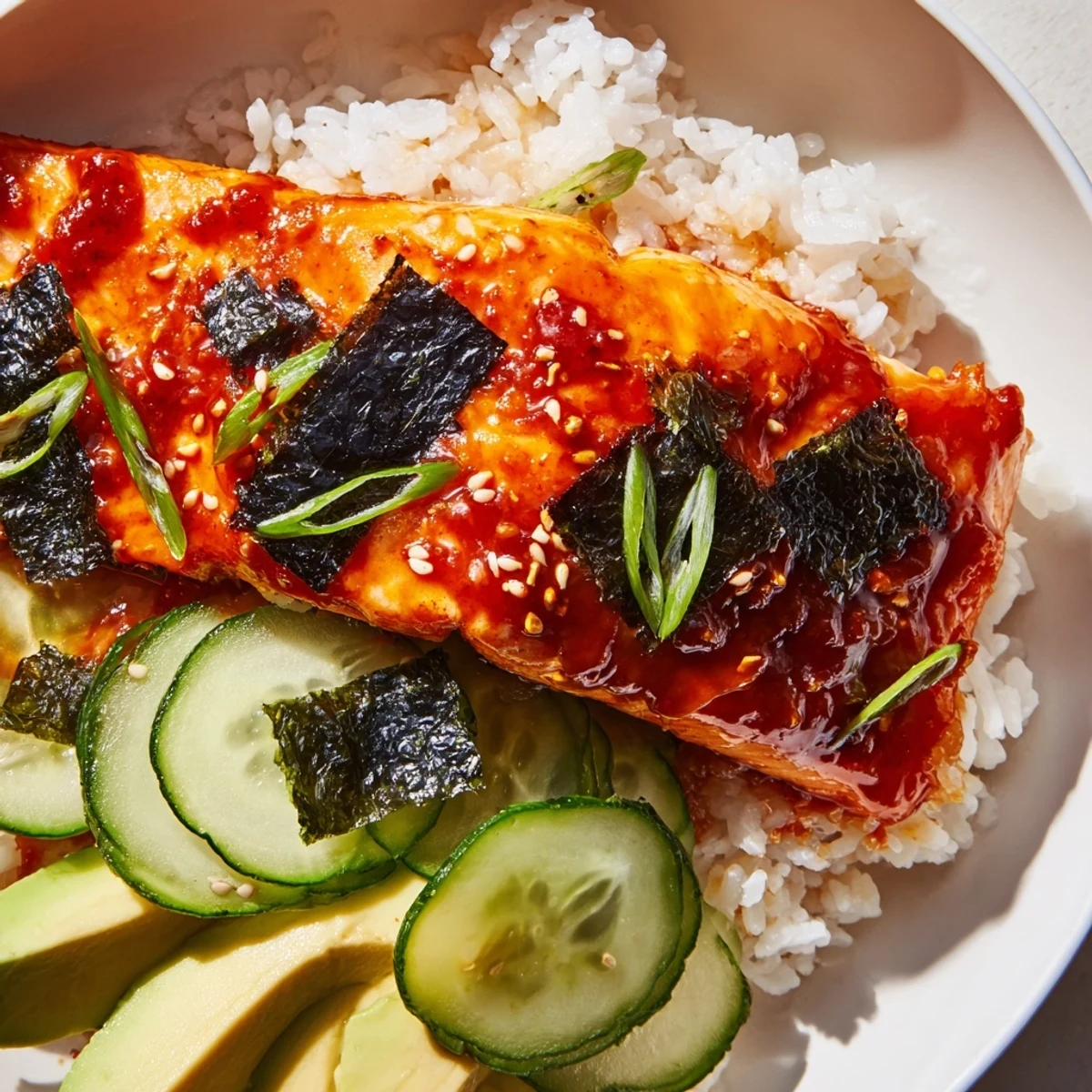 Emily Mariko-Inspired Sticky Orange Gochujang Salmon Bowl with glistening glaze and fresh cucumber.