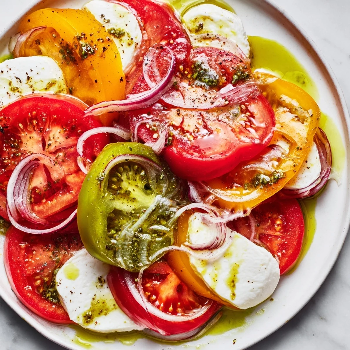 Vibrant summer tomato salad, layered with mozzarella, drizzled with basil oil for freshness.