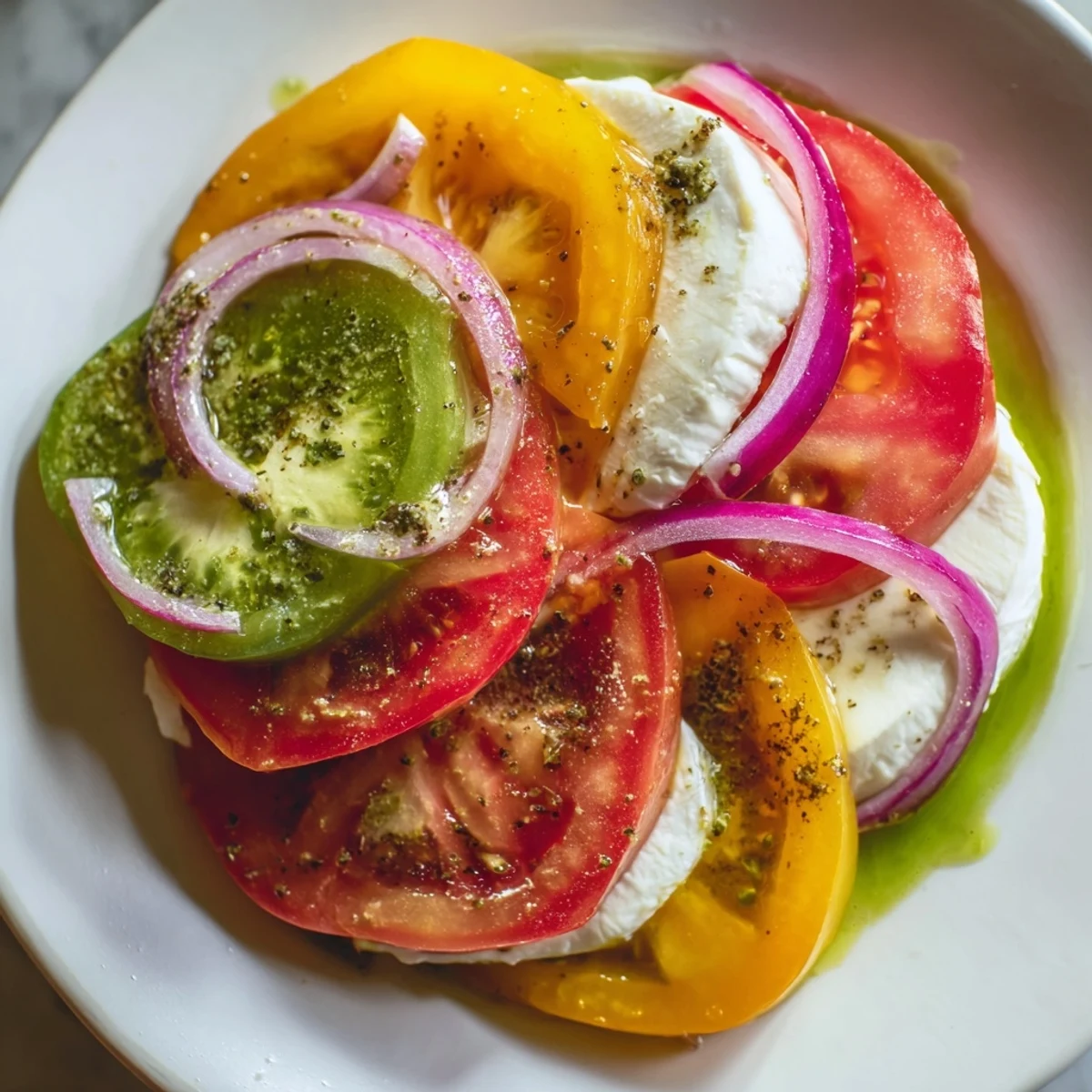 Refreshing Summer Tomato Salad recipe, showcasing juicy tomatoes, creamy mozzarella, and basil aroma.