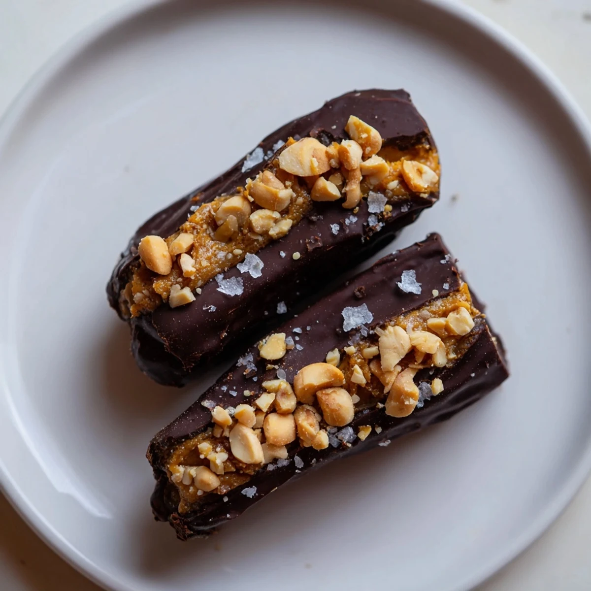 Chocolate Date Snickers: Imagine glistening dark chocolate coating delightful peanut butter stuffed dates, ready to enjoy.
