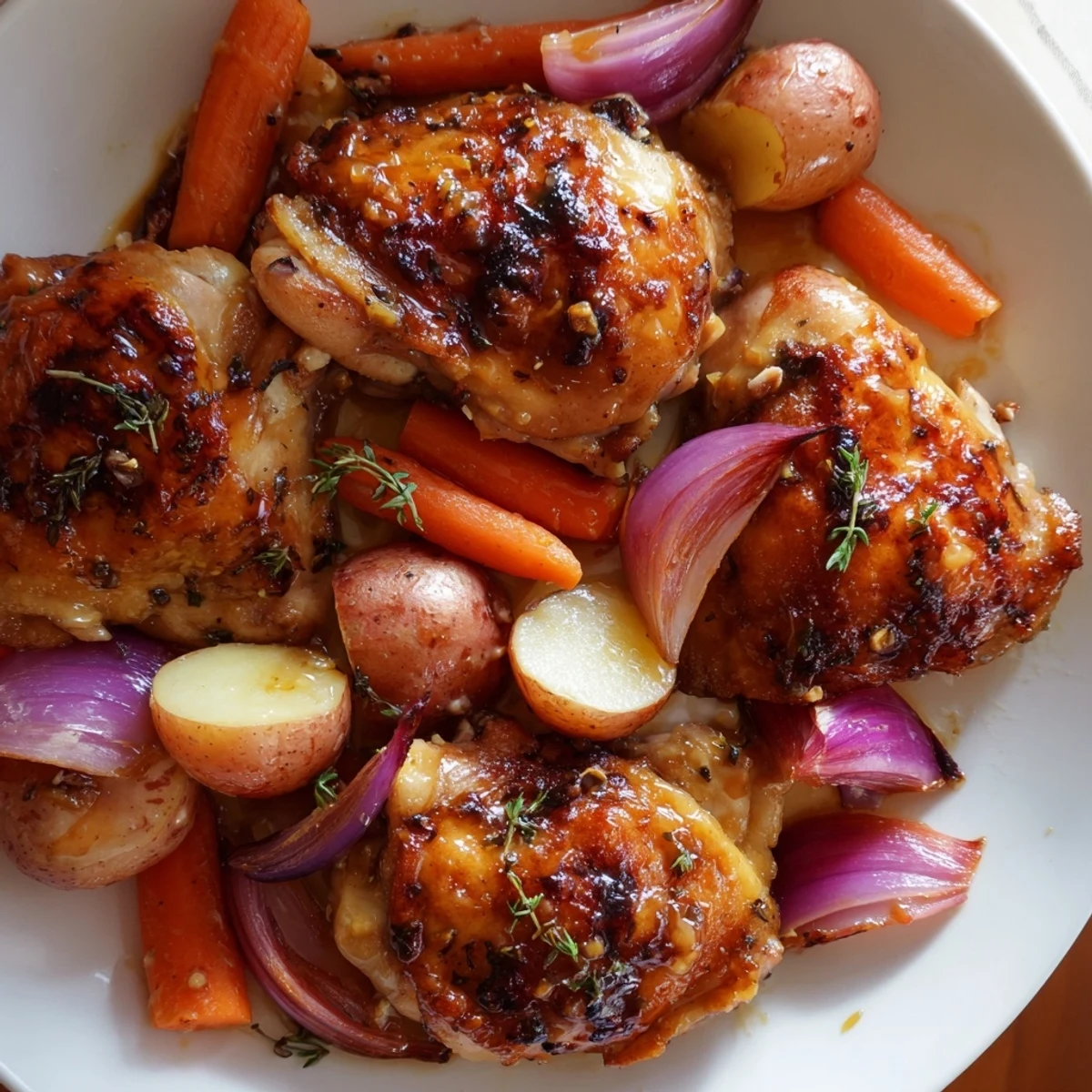 Golden brown Maple Dijon Chicken Thighs with roasted vegetables, a delightful sheet pan dinner.