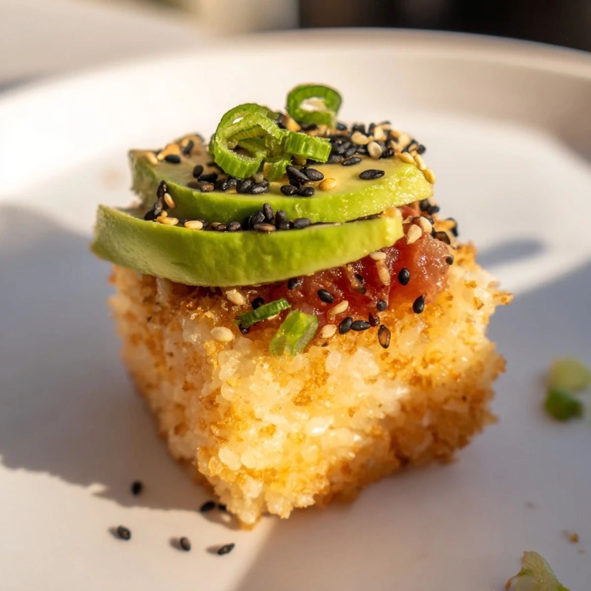 A delicious close-up of Spicy Tuna Crispy Rice, perfect party appetizer with texture and spice.