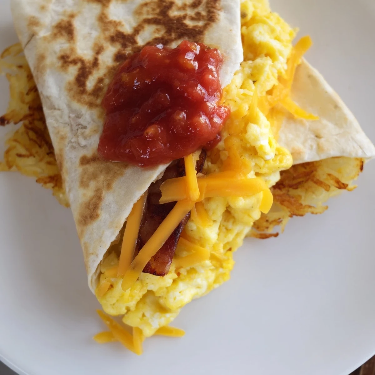 Folded, crispy tortillas hold the tasty layers of a satisfying Breakfast Crunchwrap hack served with salsa.