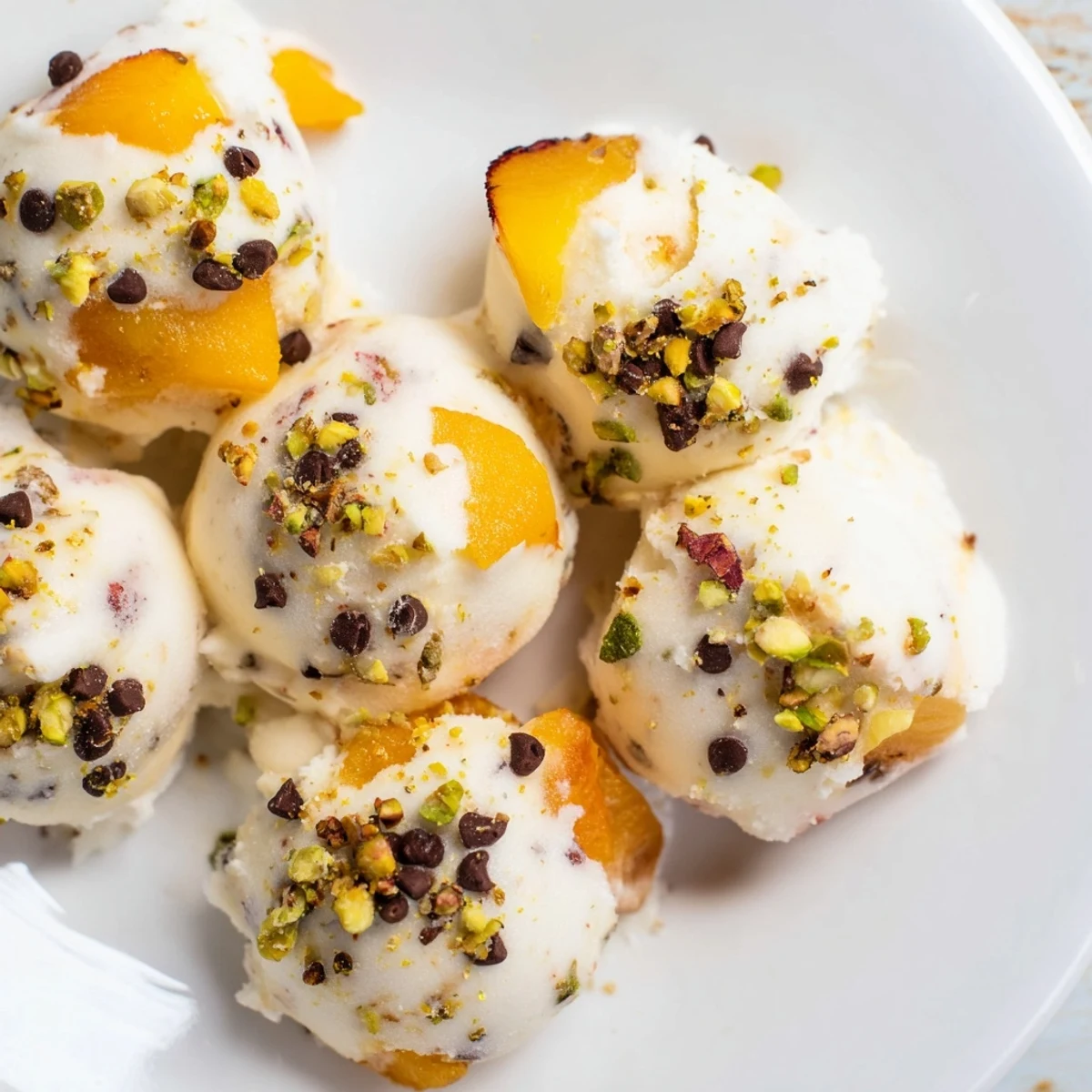Frozen peach yogurt bites, creamy and speckled with diced peaches, ready for a refreshing treat.