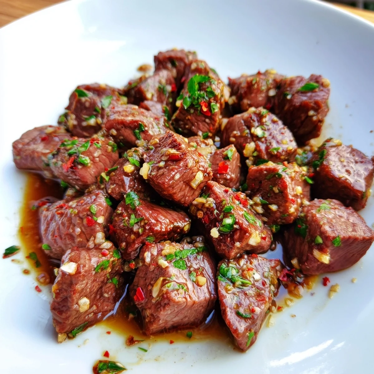 Close-up of tender garlic butter steak bites with visible herbs, ideal as a flavorful main course.