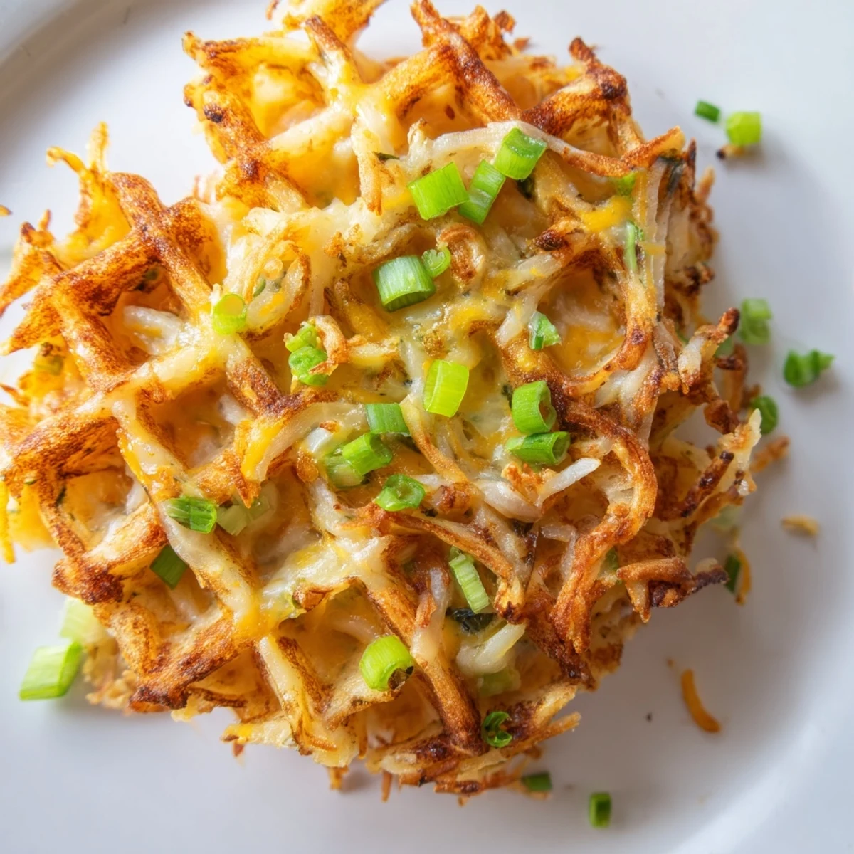 Golden-brown Cheesy Hash Brown Waffles with crispy edges, ready to be topped with sour cream.