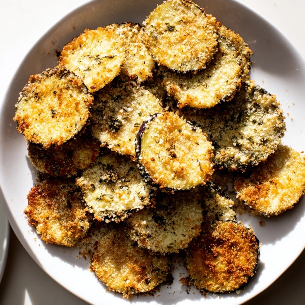 Golden-brown Crispy Eggplant Parmesan Chips, perfectly crunchy, ready to dip in warm marinara sauce.