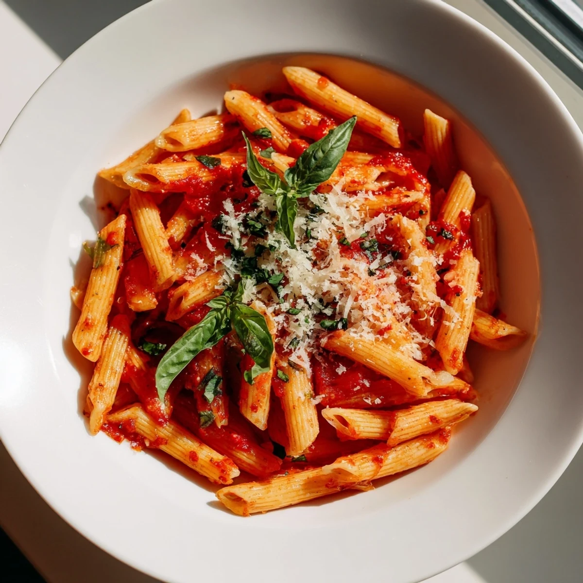 Steaming hot Microwave Bowl Pasta served with a vibrant red marinara sauce and fresh basil.