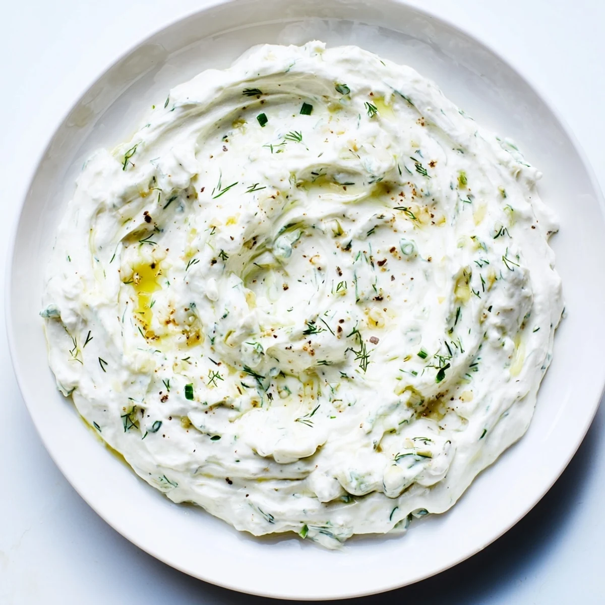 Lemony Greek Yogurt Herb Dip, speckled with green herbs, ready for dipping crisp vegetables.