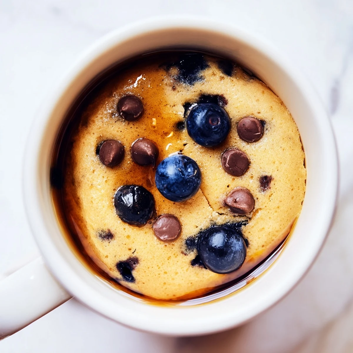 Warm, golden microwave mug pancakes, fluffy with syrup and berries, a quick breakfast delight.