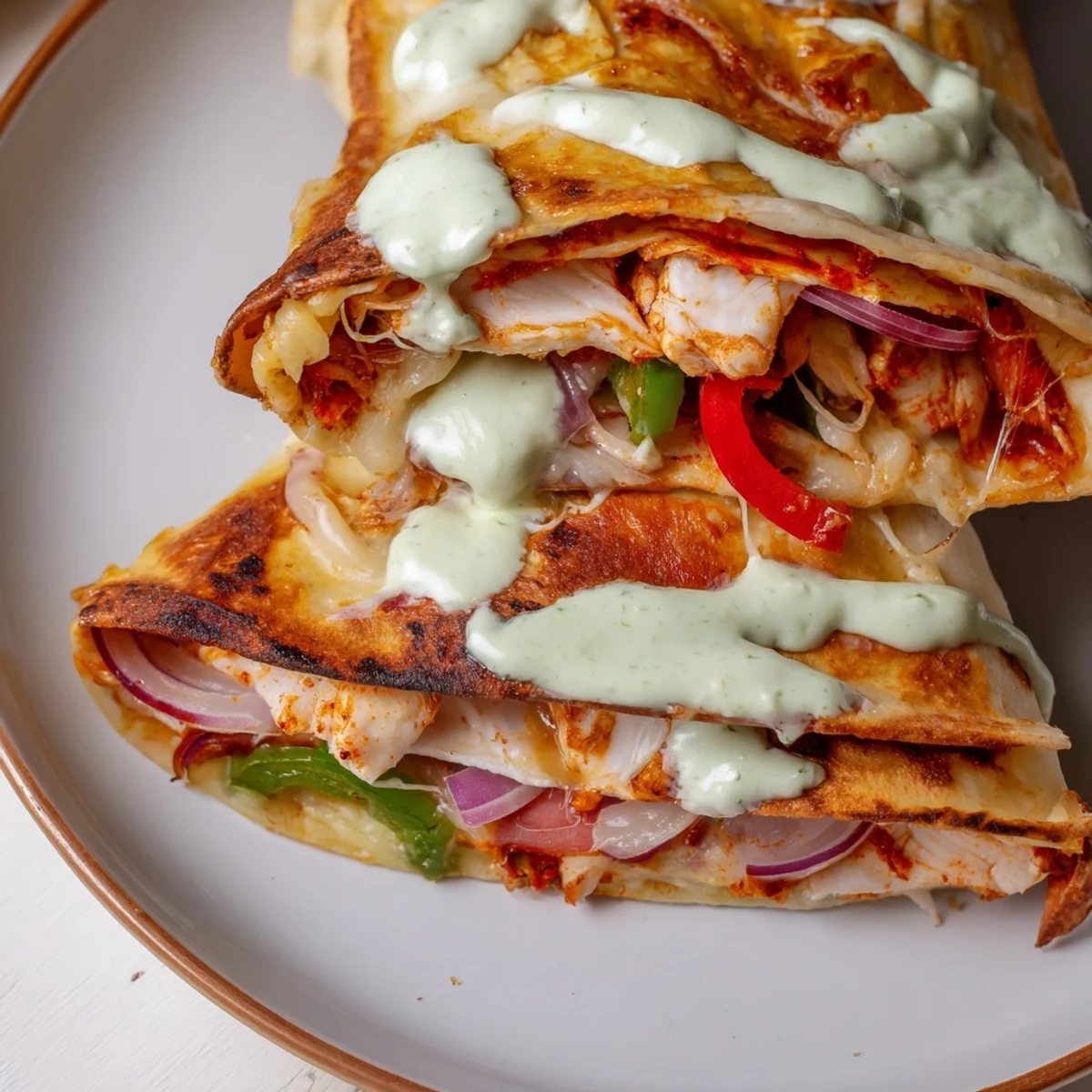 Golden-brown Tandoori Chicken Quesadilla shows the melty cheese and tender chicken filling ready for a flavorful bite.