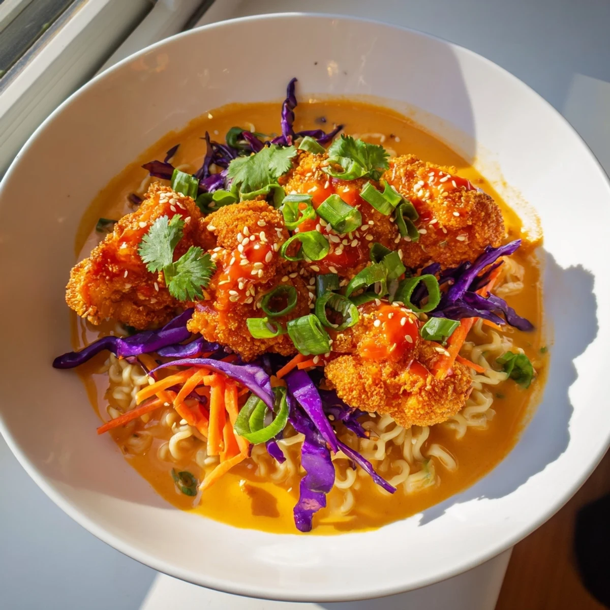 A steaming bowl of Buffalo Cauliflower Ramen, topped with fresh vegetables and sesame seeds for added texture.