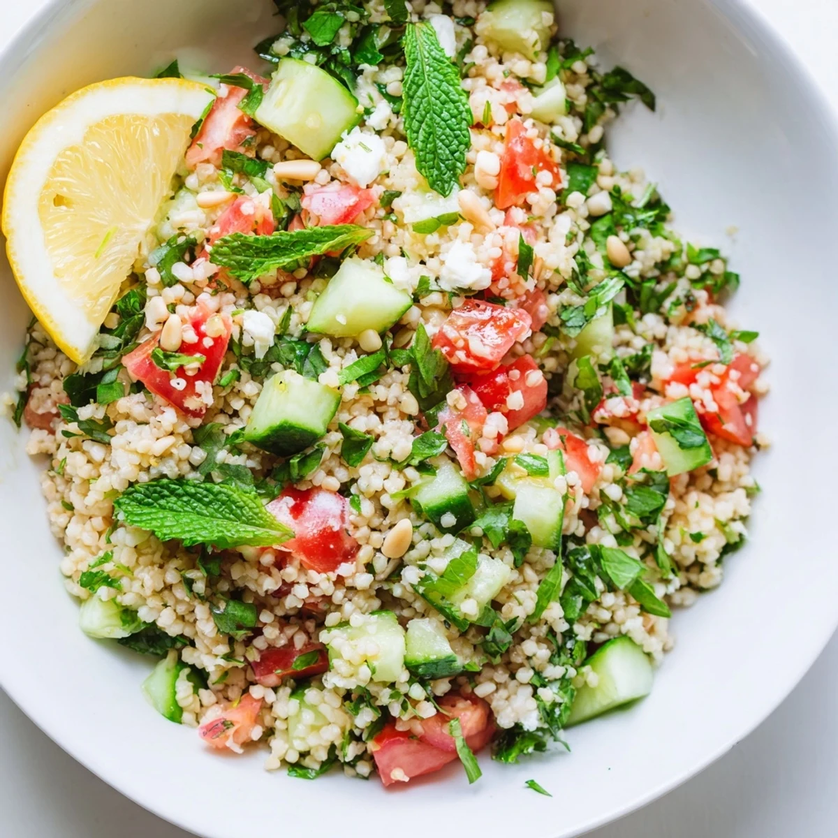 A close-up of a delicious Tabbouleh Grain Bowl, showcasing fresh herbs and a drizzle of olive oil.