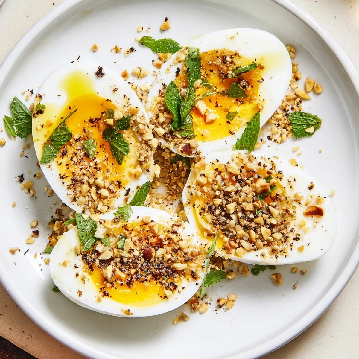 Golden, perfectly cooked Dukkah-Spiced Eggs, showcasing a vibrant display of fresh herbs and toasted spices.