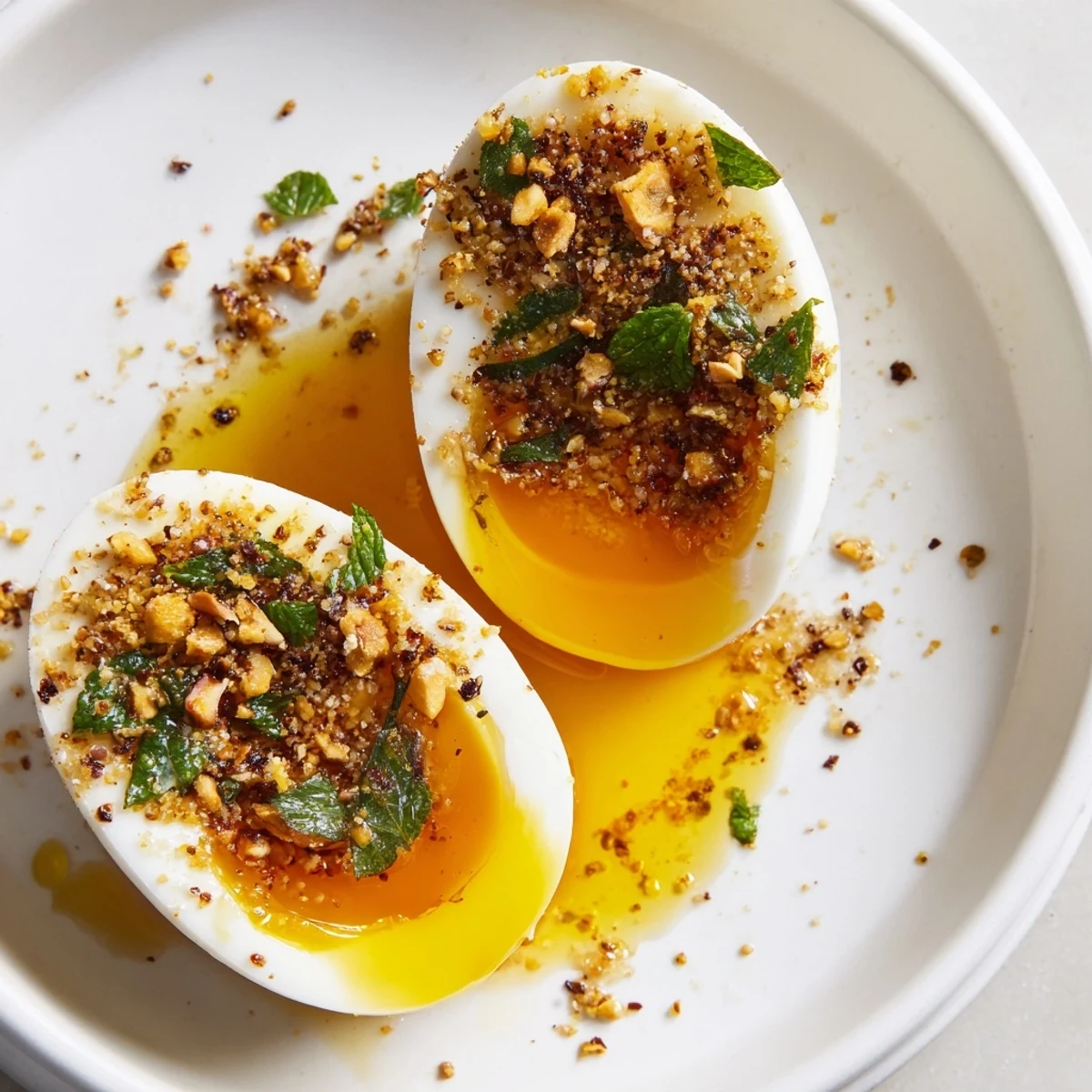 Savory Dukkah-Spiced Eggs, ready to eat, with a sprinkle of dukkah mix and flavorful herbs atop.