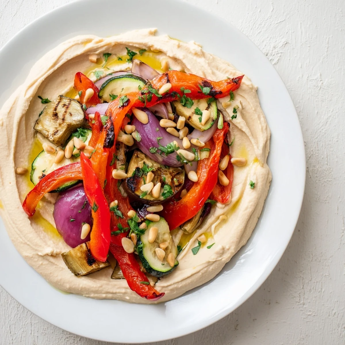 Golden-brown, roasted vegetables arranged atop creamy hummus; a vibrant hummus roasted veggies recipe.