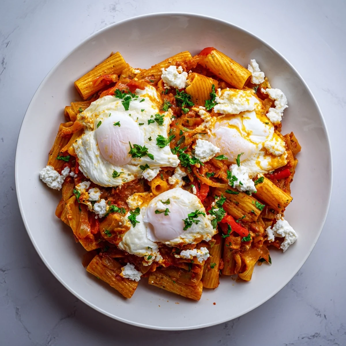 Shakshuka Baked Pasta features bubbly eggs and melted cheese in a vibrant tomato sauce.