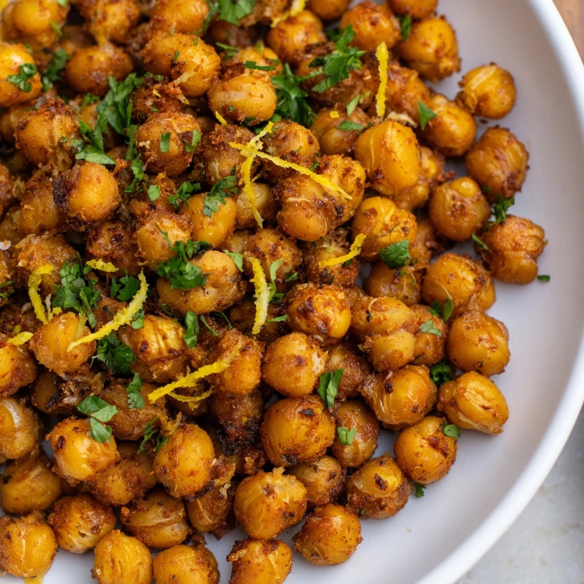 A close-up shot of the vibrant Harissa Chickpea Roast, showcasing its perfectly spiced and roasted texture.