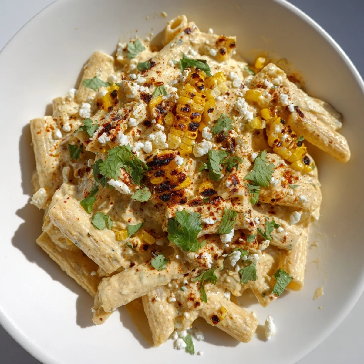 Enjoy a tempting close-up of Mexican Street Corn Pasta, a flavorful vegetarian main dish ready to serve.
