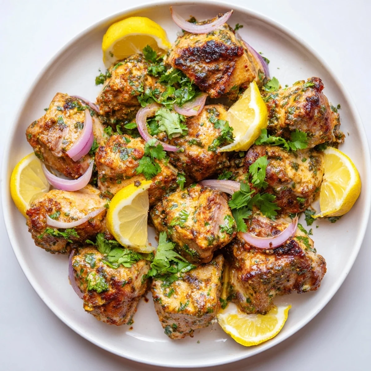 Close-up of succulent Indian Tikka Spiced Chicken, showcasing delicious char marks and glistening texture.
