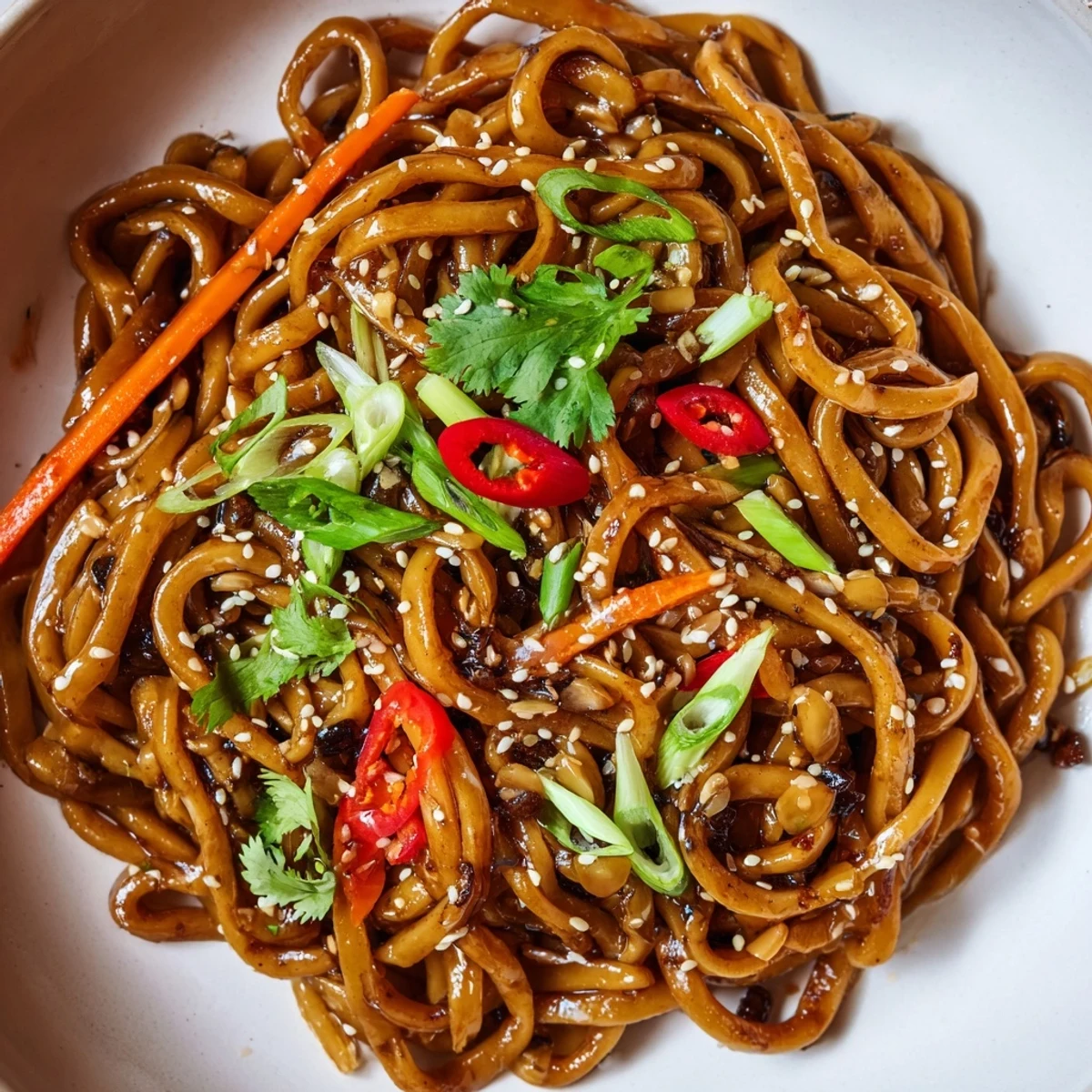 Steaming Asian Garlic Noodle Bowl with sesame seeds, green onions, and fresh cilantro, ready to eat.