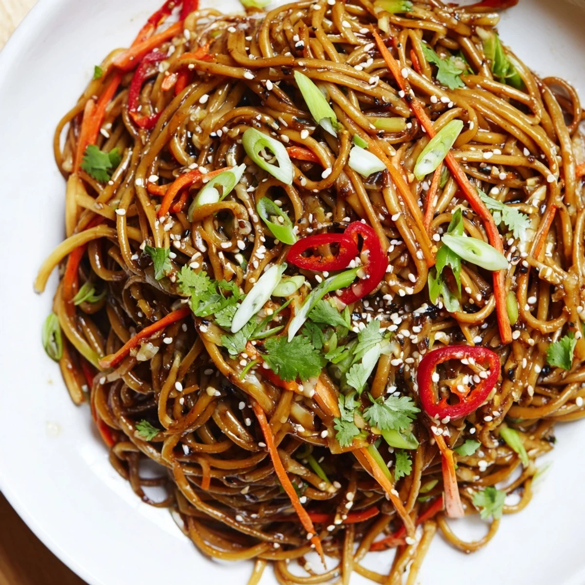 Flavorful Asian Garlic Noodle Bowl topped with chili and carrots, perfect for a delicious vegetarian dinner.