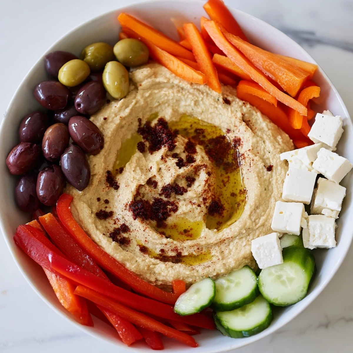 This vibrant Mezze Platter features colorful veggies, flavorful hummus, and warm pita bread for dipping enjoyment.