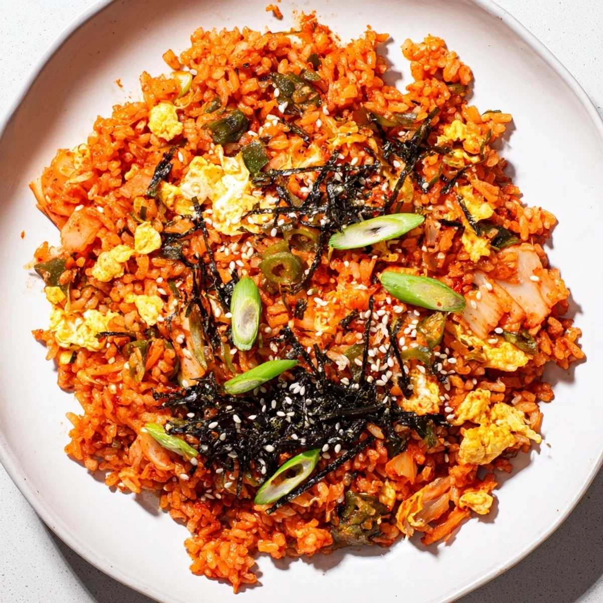 Savory Spicy Kimchi Fried Rice dish with vibrant red kimchi and a perfectly fried egg on top.